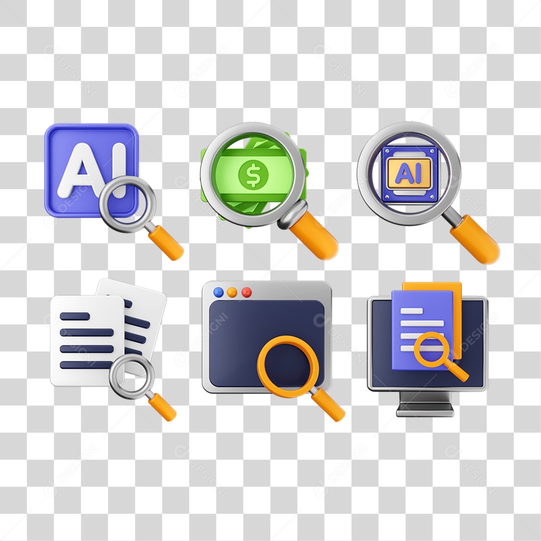 Ícone 3D Pacotes de Pesquisa Lupa PNG Transparente