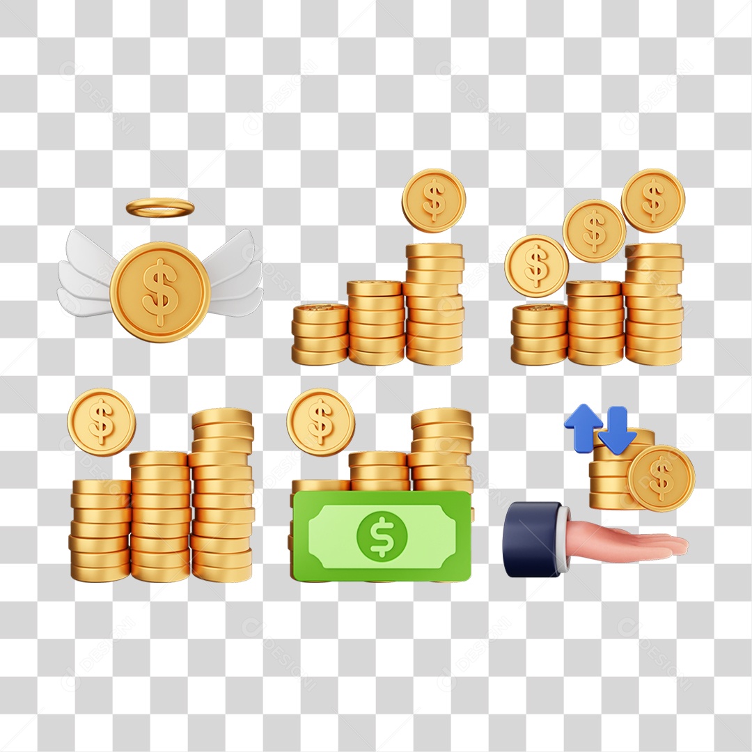 Pacote de Ícones Moedas PNG Transparente