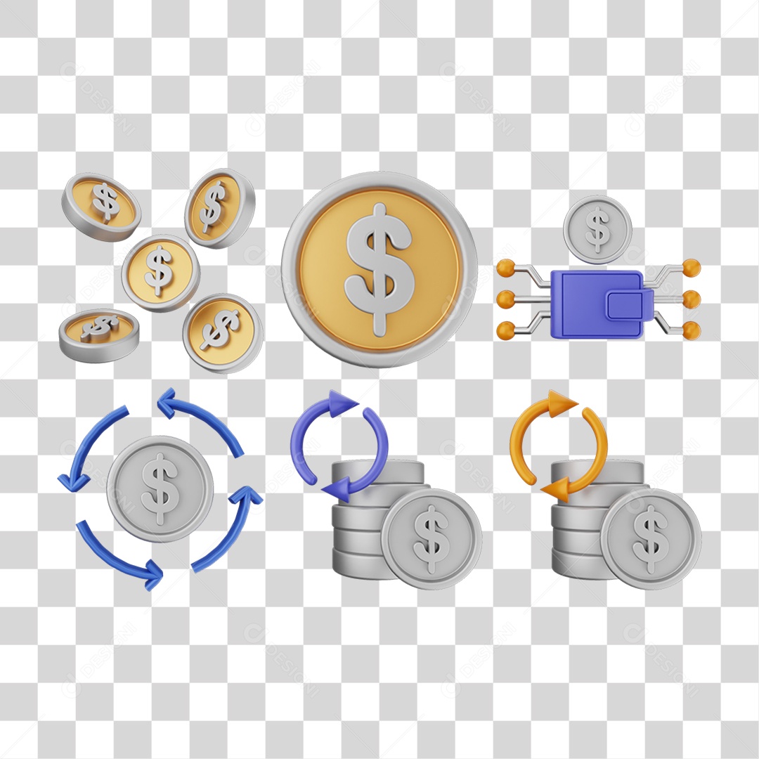 Pacote de Ícones Moedas PNG Transparente