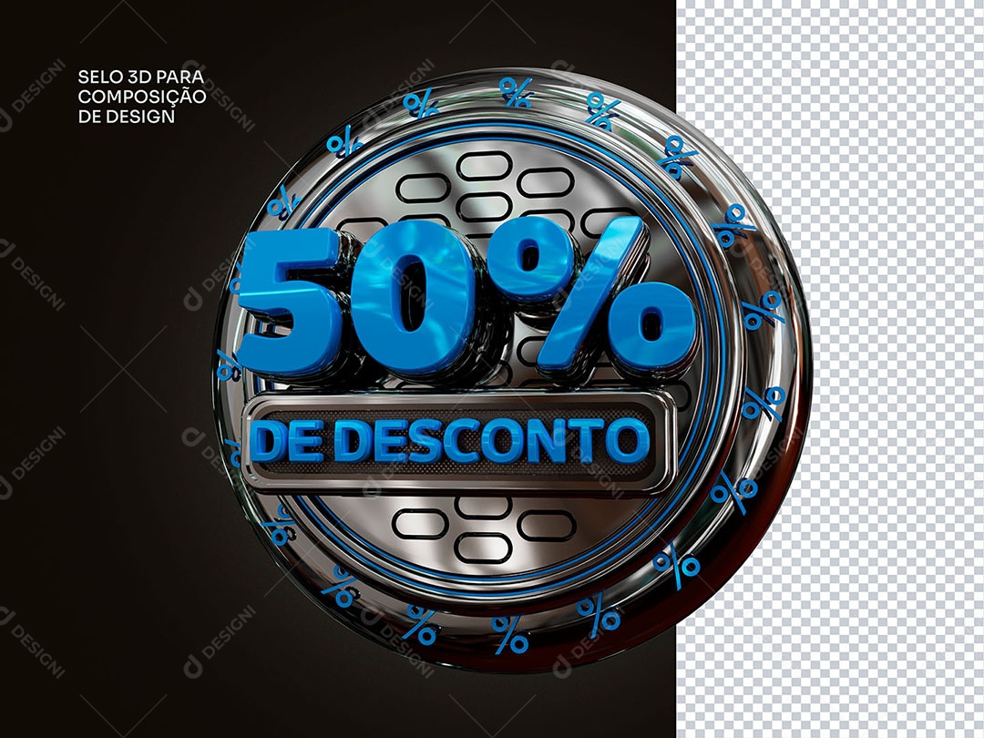 Elemento 3D 50% de Desconto Azul Para Composição PSD