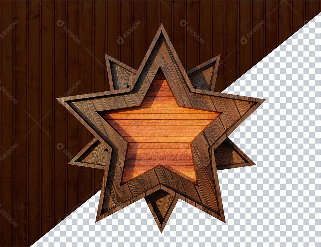 Elemento 3D Estrela de Madeira Para Composição PSD