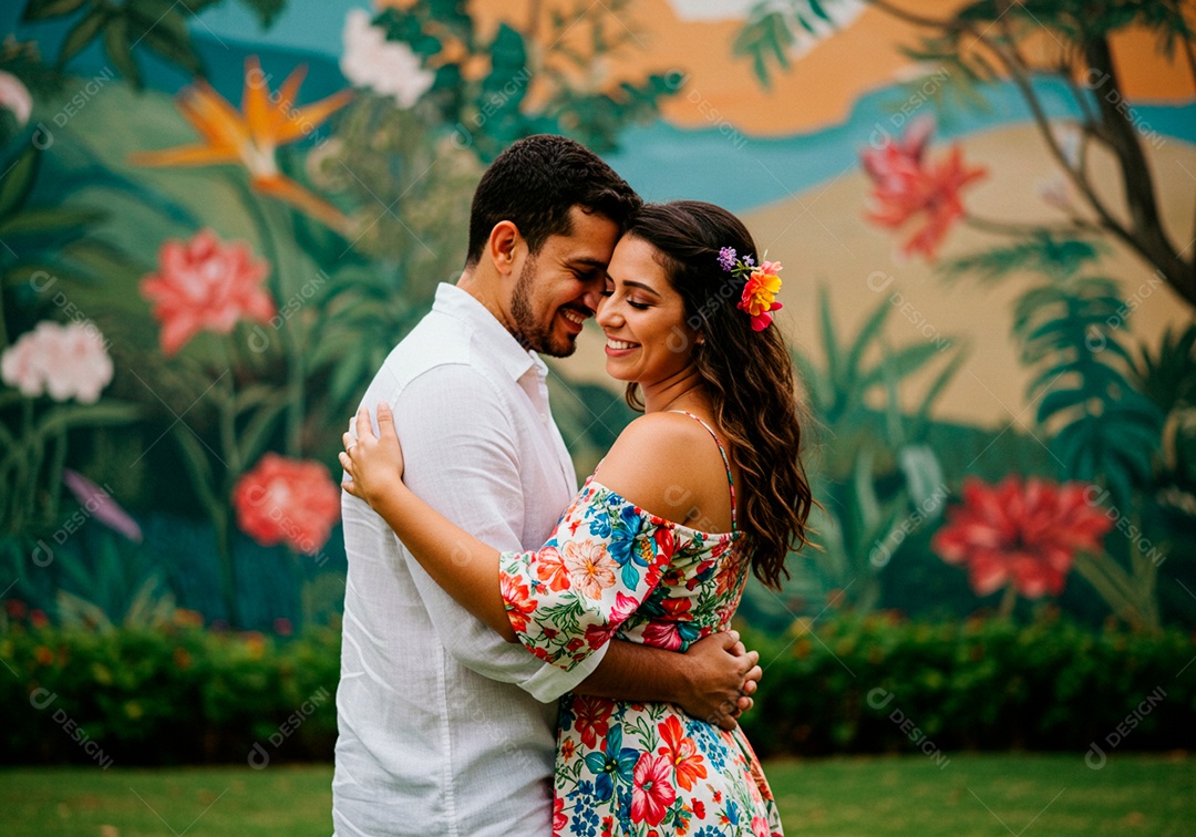 Lindo casal apaixonados sorridente e felizes em um local público