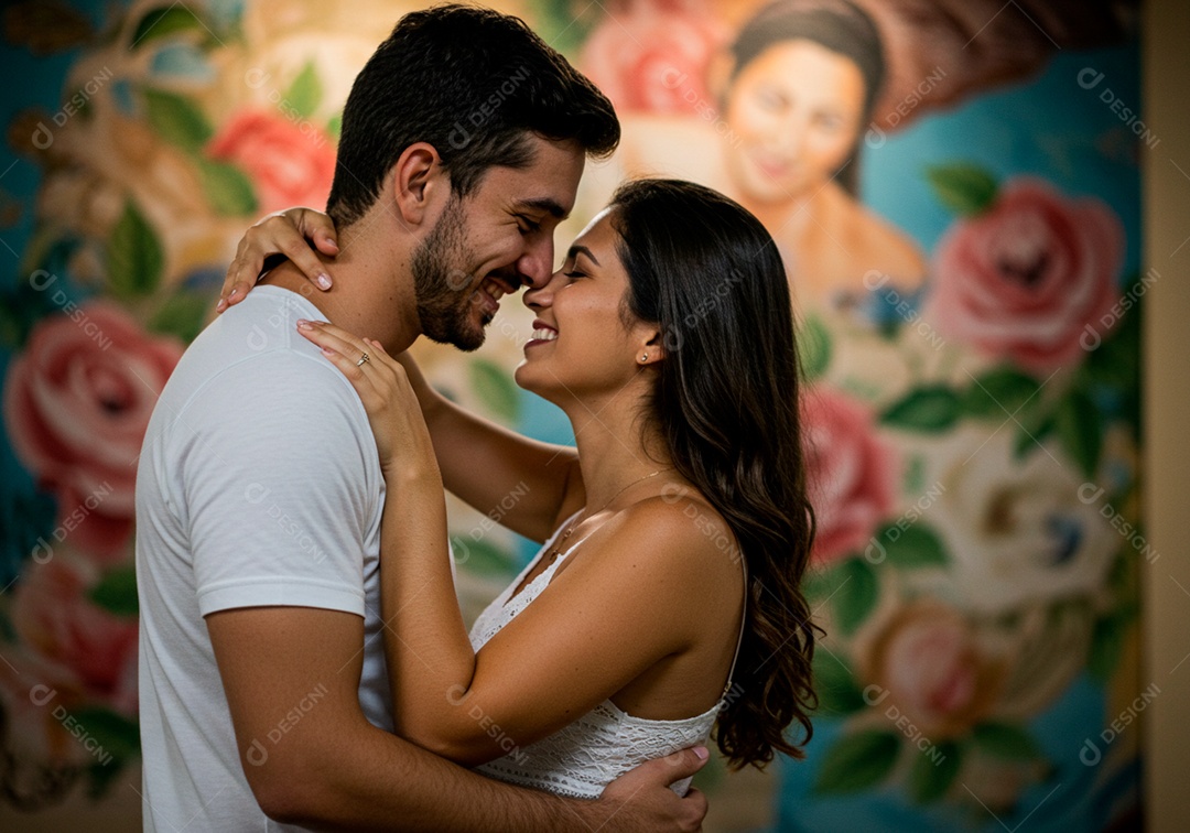 Lindo casal apaixonados sorridente e felizes em um local público