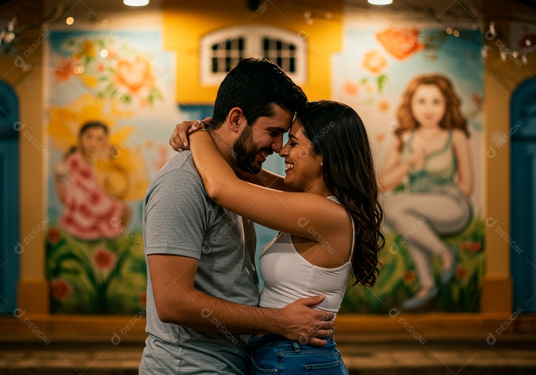 Lindo casal apaixonados sorridente e felizes em um local público