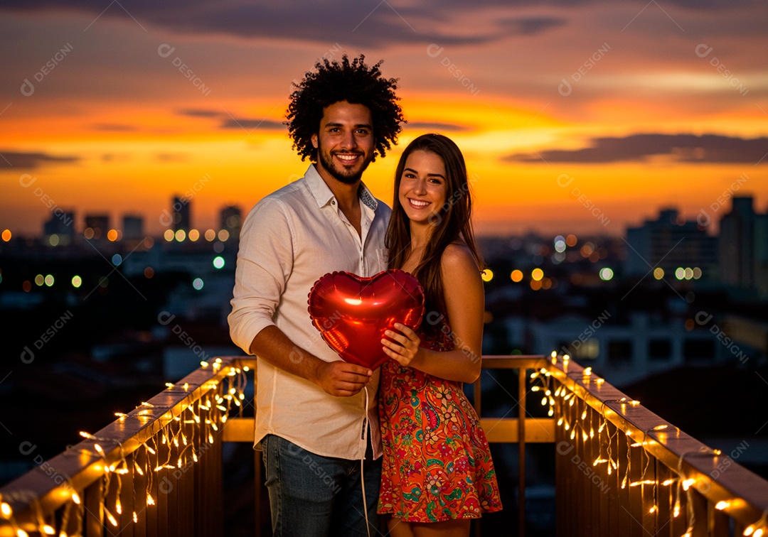 Lindo casal apaixonados sorridente e felizes em um terraço