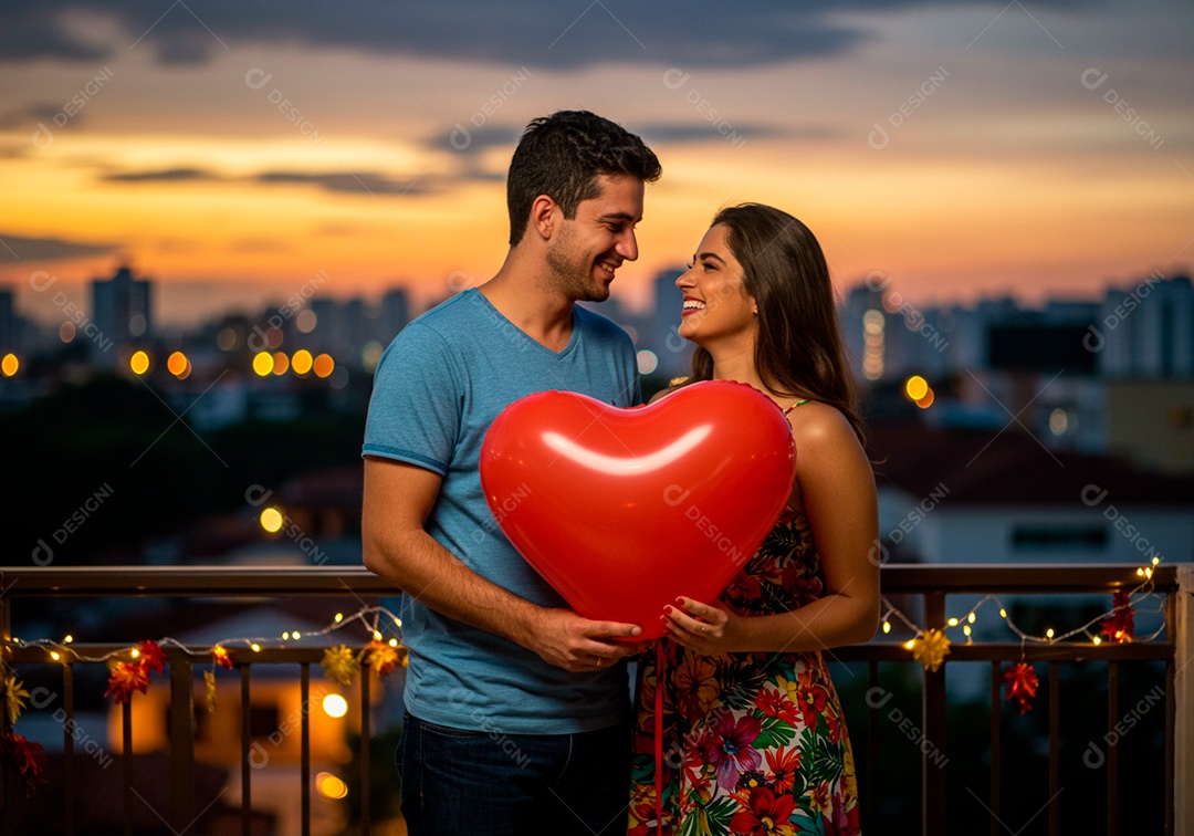 Lindo casal apaixonados sorridente e felizes em um terraço