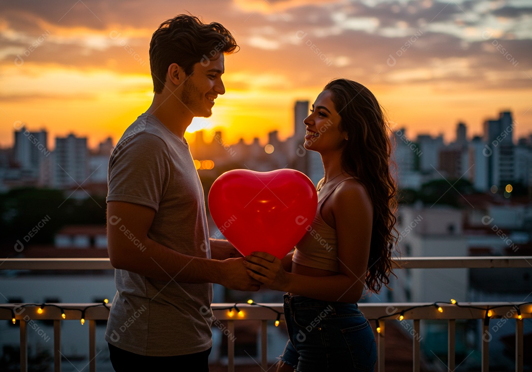 Lindo casal apaixonados sorridente e felizes em um terraço