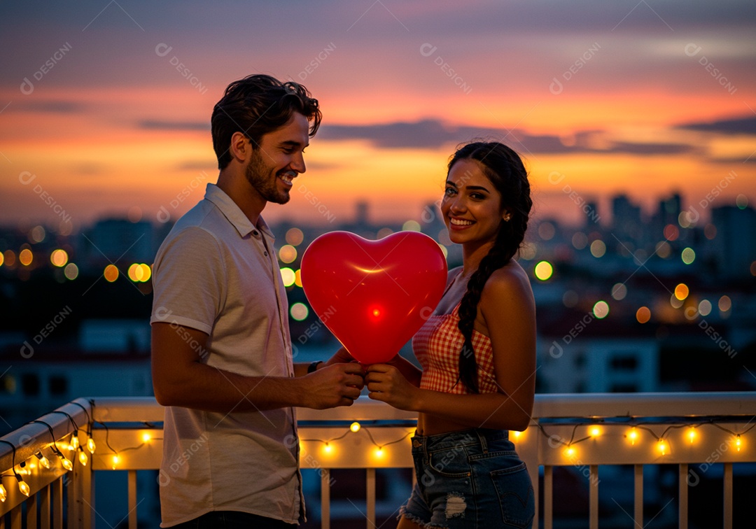 Lindo casal apaixonados sorridente e felizes em um terraço