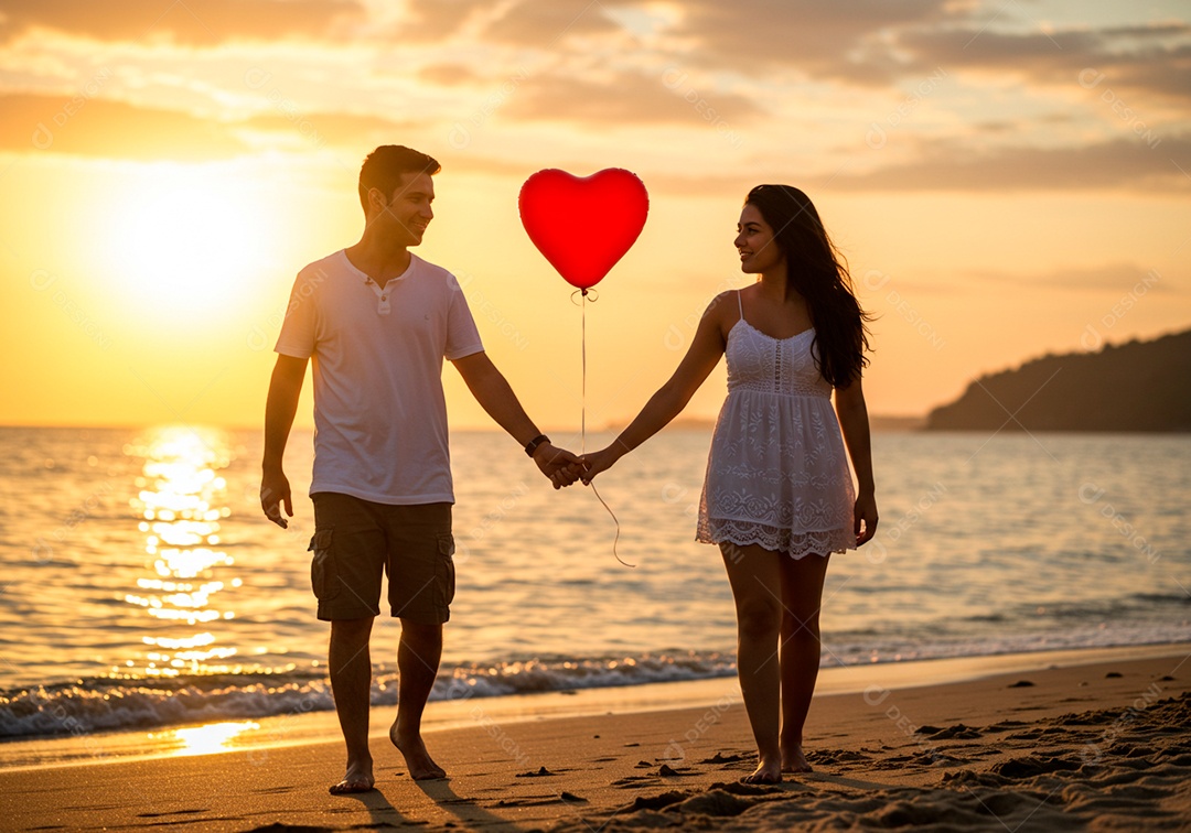 Lindo casal apaixonados sorridente e felizes em uma praia