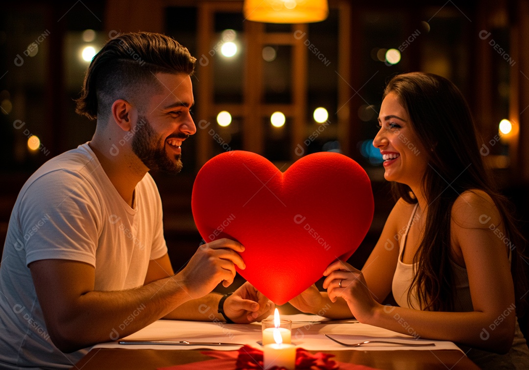 Lindo casal apaixonados sorridente e felizes celebrando dia dos namorados