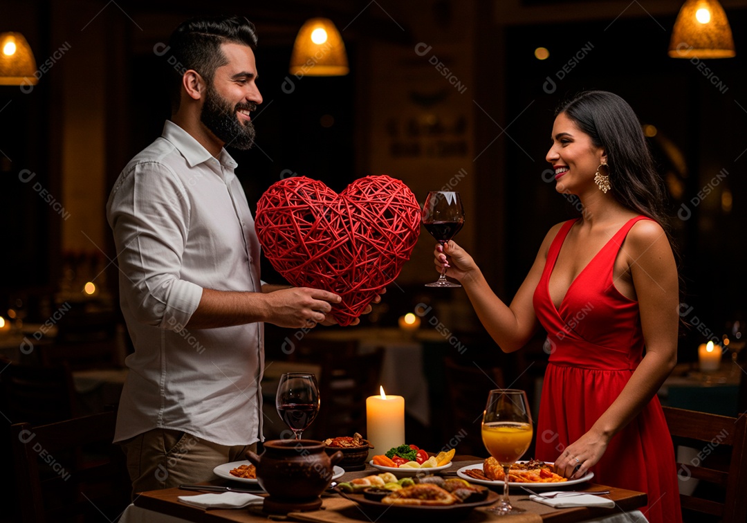 Lindo casal apaixonados sorridente e felizes celebrando dia dos namorados
