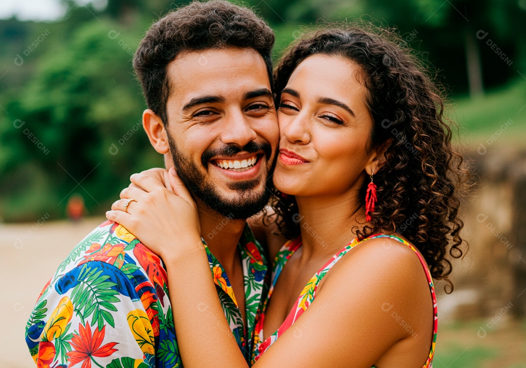 Lindo casal apaixonados sorridente e felizes em uma praia