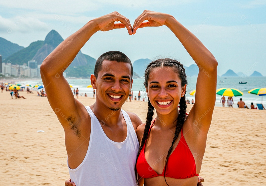 Lindo casal apaixonados sorridente e felizes em uma praia