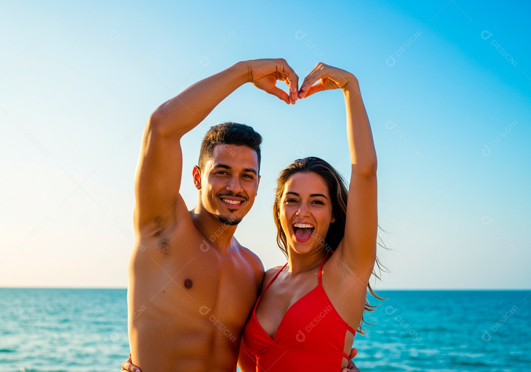 Lindo casal apaixonados sorridente e felizes em um praia