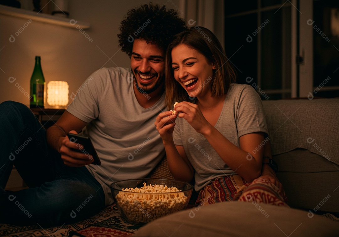 Lindo casal apaixonados sorridente e felizes em sua Residência