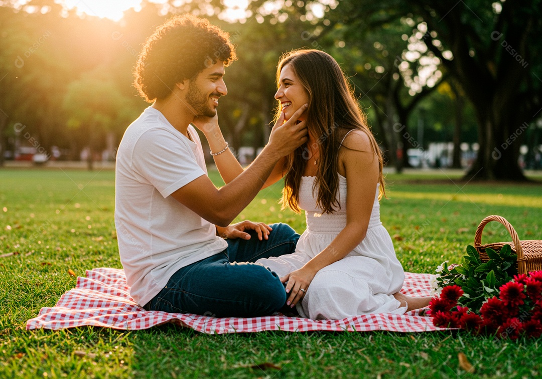 Lindo casal apaixonados sorridente e felizes em um parque casual