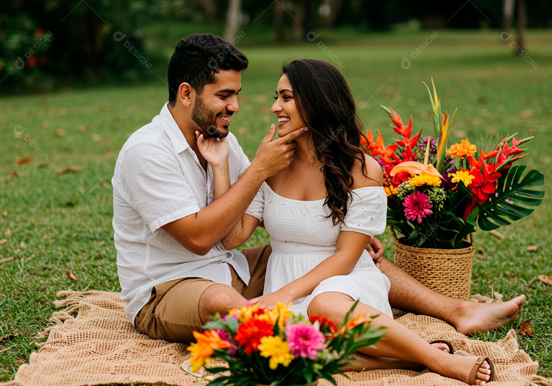 Lindo casal apaixonados sorridente e felizes em um parque casual