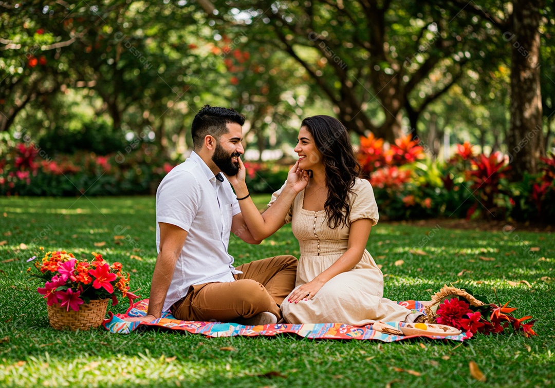 Lindo casal apaixonados sorridente e felizes em um parque casual