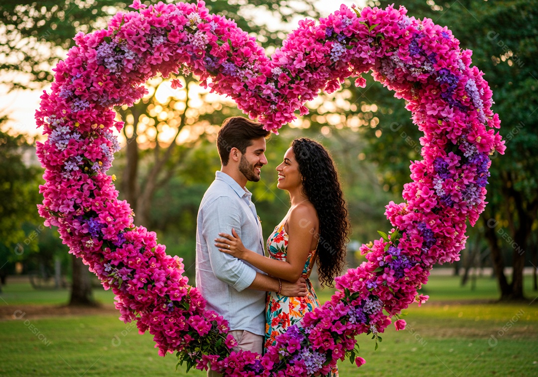 Lindo casal apaixonados sorridente e felizes em um parque casual