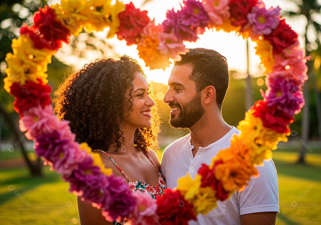 Lindo casal apaixonados sorridente e felizes em um parque casual