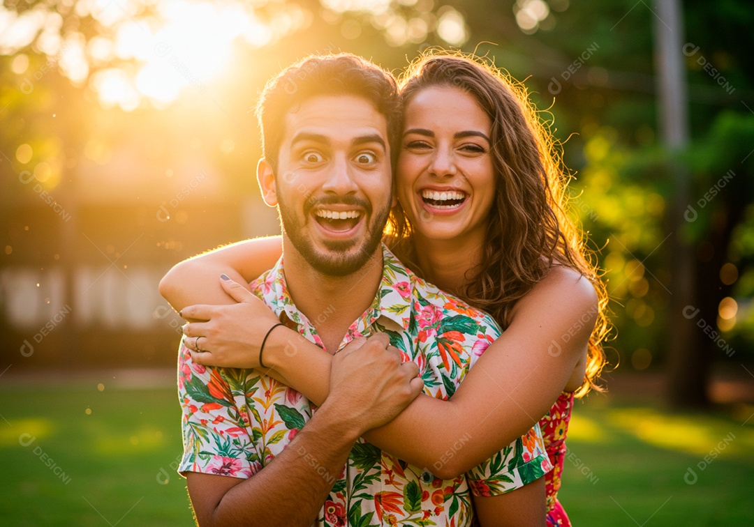 Lindo casal apaixonados sorridente e felizes em um parque casual