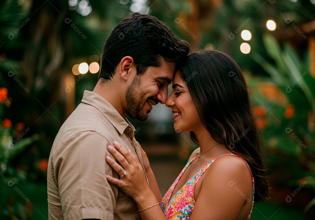 Lindo casal apaixonados sorridente e felizes em um parque casual