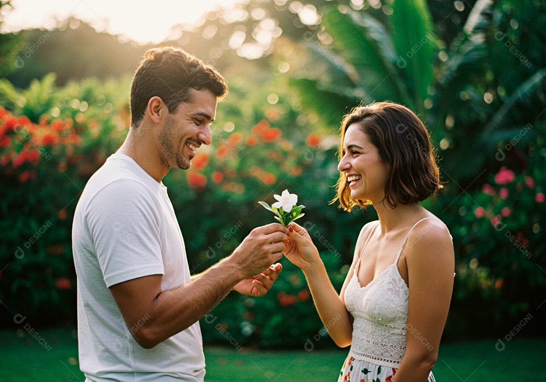 Lindo casal apaixonados sorridente e felizes em um parque casual
