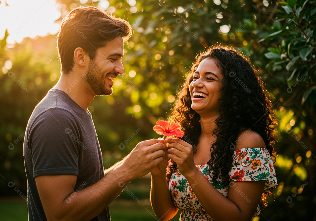 Lindo casal apaixonados sorridente e felizes em um parque casual