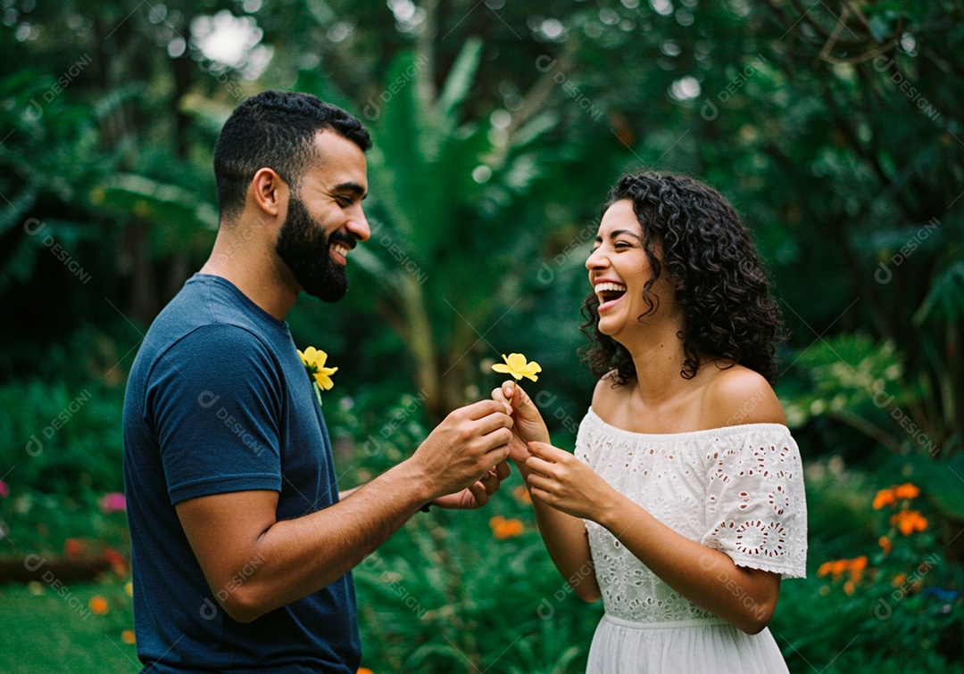 Lindo casal apaixonados sorridente e felizes em um parque casual