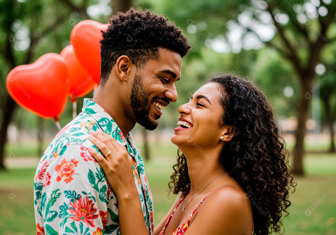Lindo casal apaixonados sorridente e felizes celebrando dia dos namorados