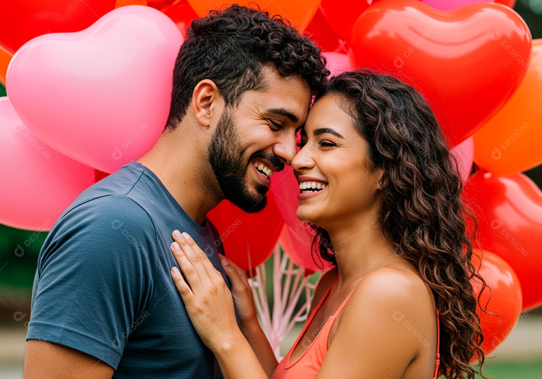 Lindo casal apaixonados sorridente e felizes celebrando dia dos namorados