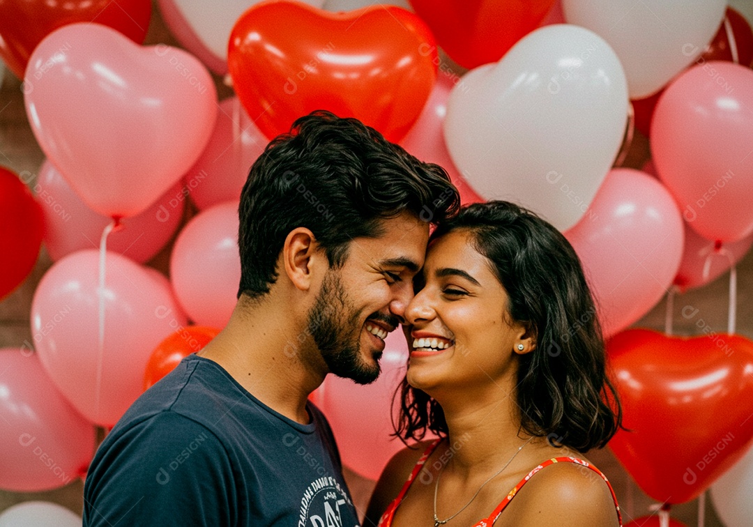 Lindo casal apaixonados sorridente e felizes celebrando dia dos namorados