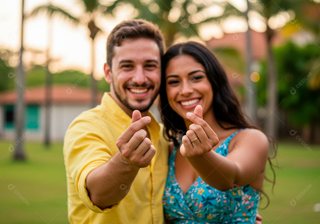 Lindo casal apaixonados sorridente e felizes em um parque casual