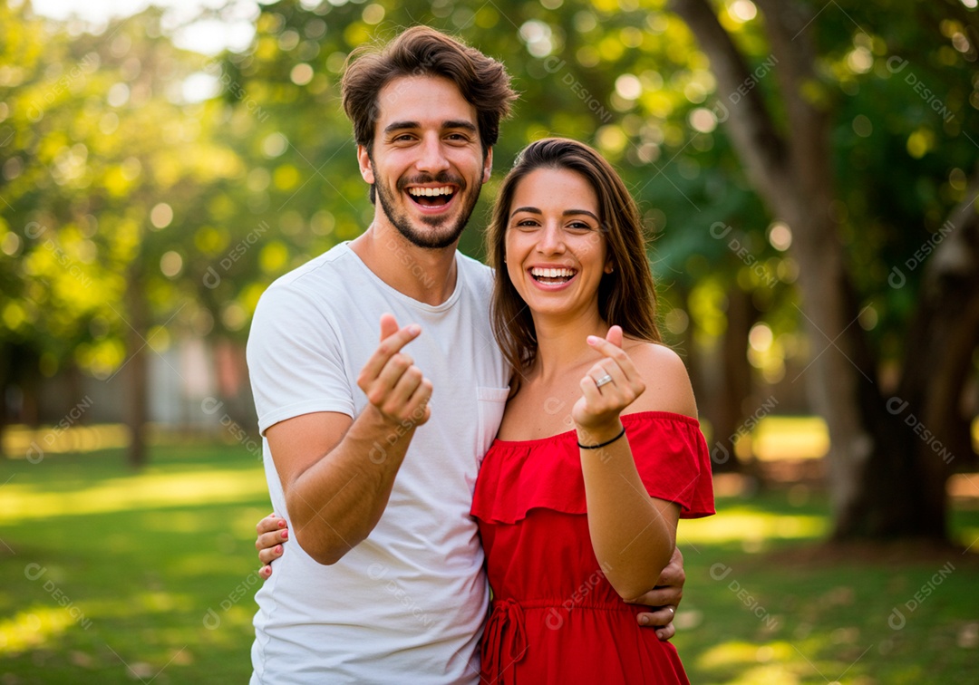Lindo casal apaixonados sorridente e felizes em um parque casual