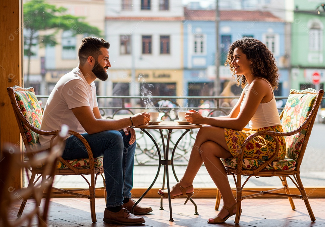 Lindo casal apaixonados sorridente e felizes em um restaurante casual