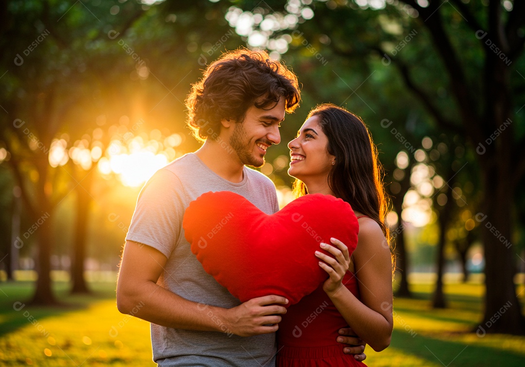 Lindo casal apaixonados sorridente e felizes em um parque casual