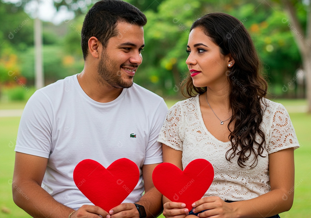Lindo casal apaixonados sorridente e felizes em um parque casual