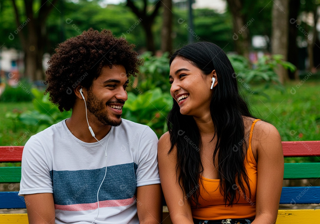 Lindo casal apaixonados sorridente e felizes em um parque casual