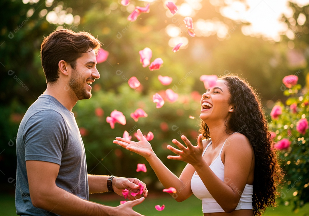 Lindo casal apaixonados sorridente e felizes em um parque casual