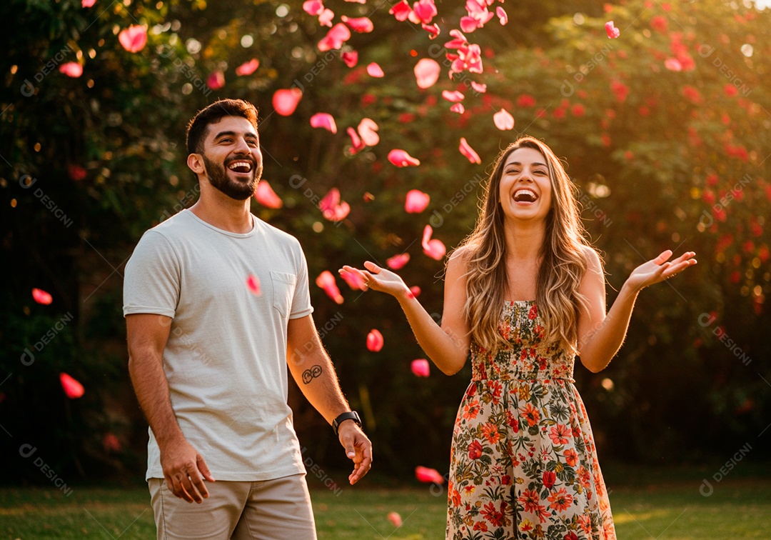 Lindo casal apaixonados sorridente e felizes em um parque casual