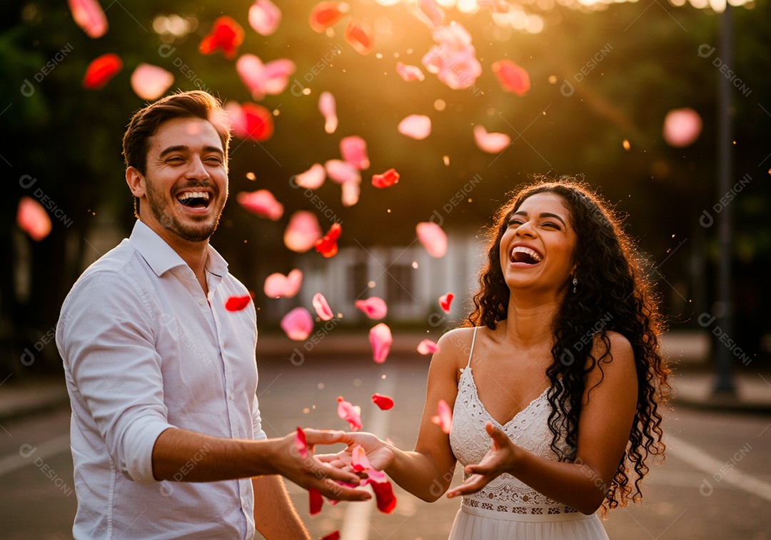 Lindo casal apaixonados sorridente e felizes em um parque casual