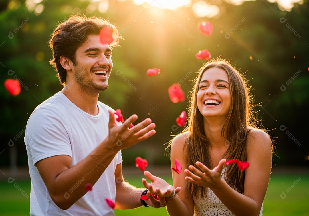 Lindo casal apaixonados sorridente e felizes em um parque casual