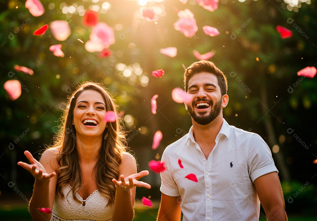 Lindo casal apaixonados sorridente e felizes em um parque casual