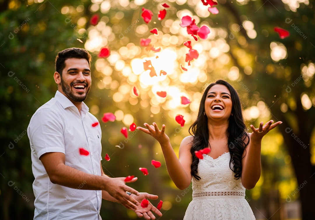 Lindo casal apaixonados sorridente e felizes em um parque casual
