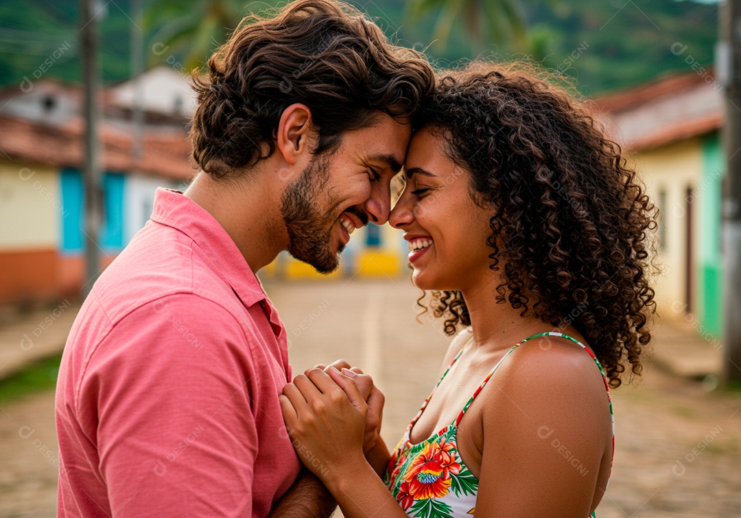 Lindo casal apaixonados sorridente e felizes em um local turístico