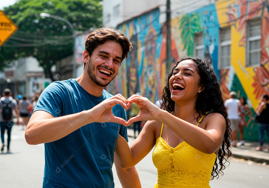 Lindo casal apaixonados sorridente e felizes em um local turístico