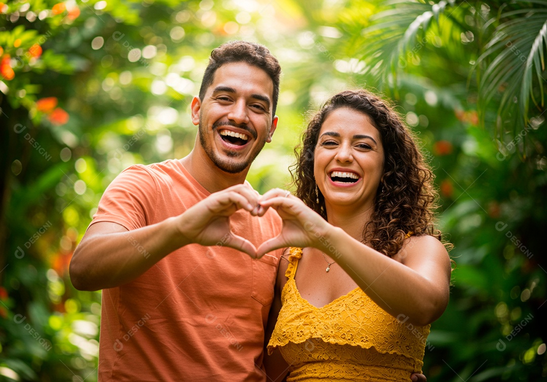 Lindo casal apaixonados sorridente e felizes em um parque casual