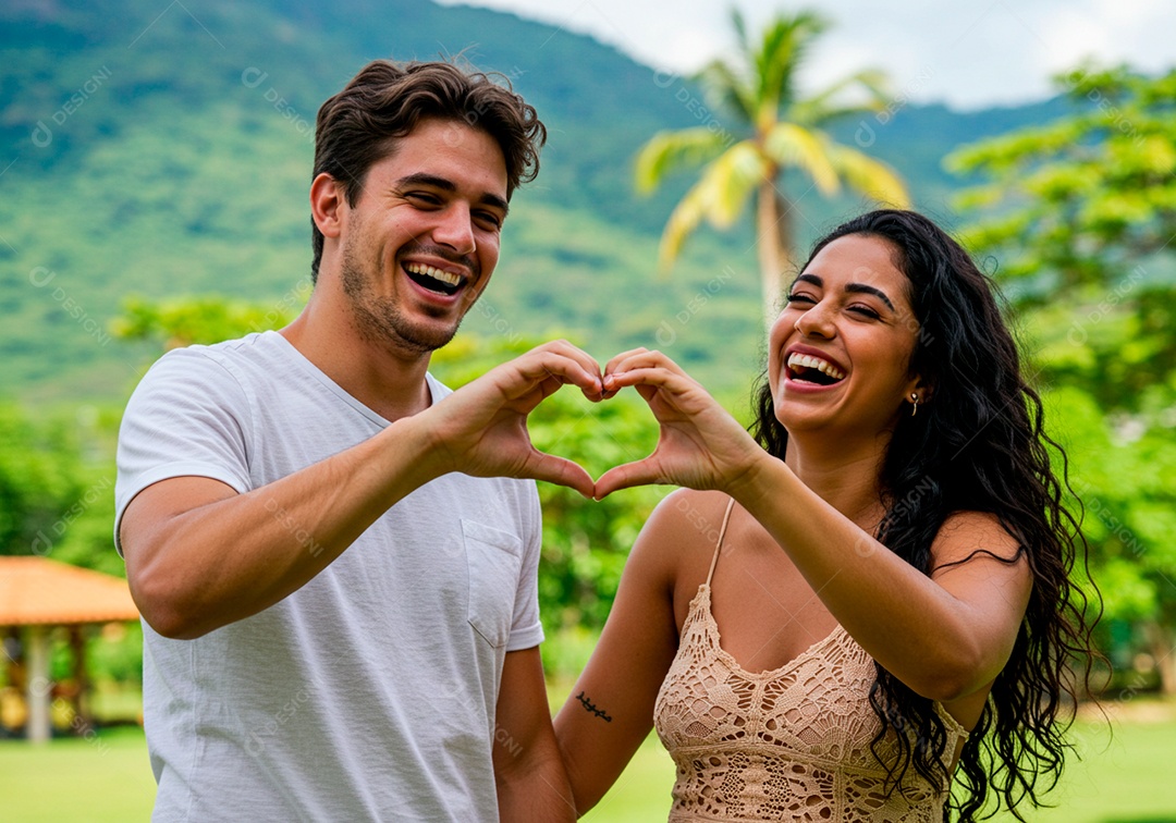 Lindo casal apaixonados sorridente e felizes em um local turístico
