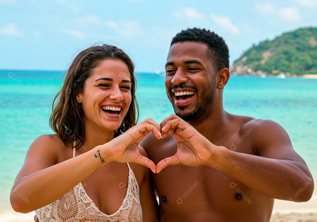 Lindo casal apaixonados sorridente e felizes em um praia