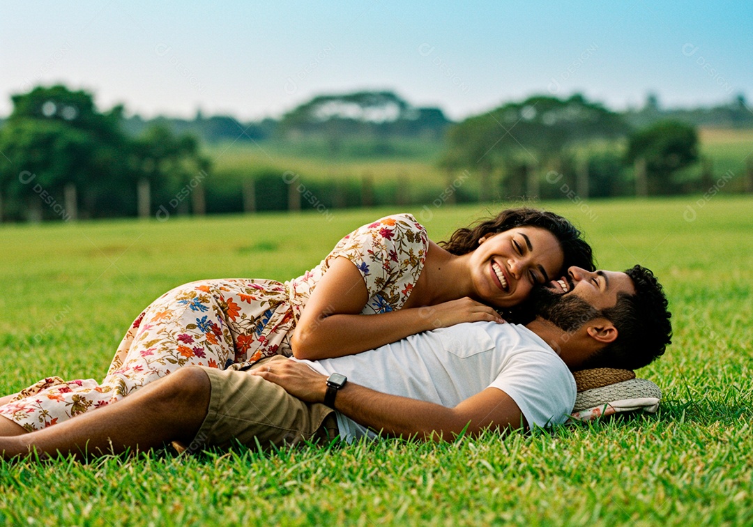 Lindo casal apaixonados sorridente e felizes em um parque casual